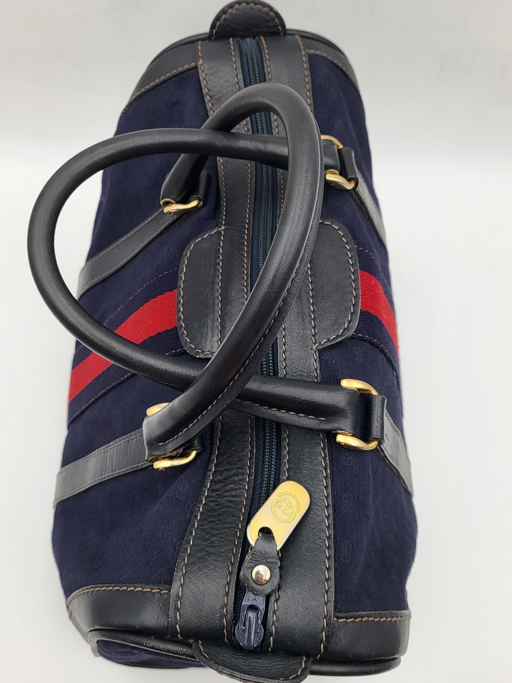Gucci Vintage Canvas Leather Navy Sherry Line Boston 30 Bag..Auth..w/COA. - Picture 5 of 16